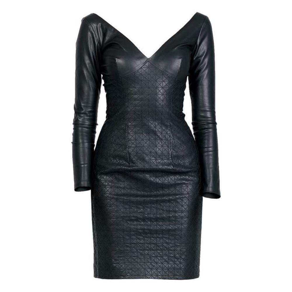 Off-the-Shoulder Textured Paneled Leather Dress